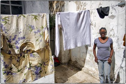 Vivien waiting for her washing to dry.